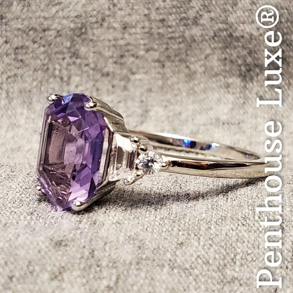 SOLID 925 Sterling Silver Purple Amethyst Elongated Hexagon Cut Ring - Picture 4 of 6